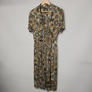 Vintage‎ Womens Paisley Print Midi Dress Button Up Short Sleeve Tie Neck